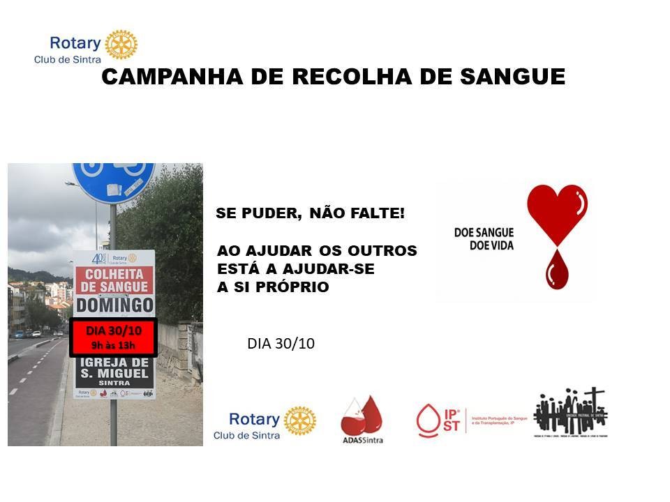 Campanha de Recolha de Sangue - Dia 30 de outubro, das 9 às 13 horas, na Igreja de São Miguel, em Sintra!